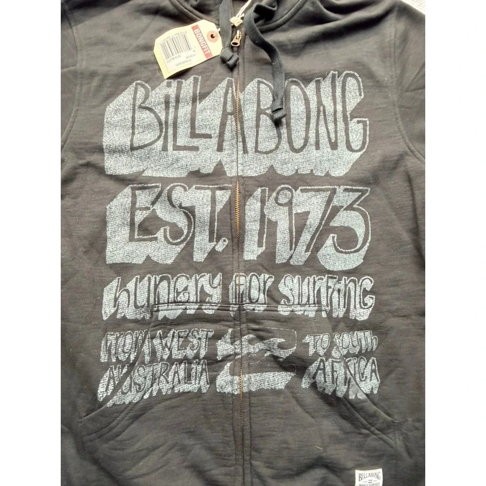 Billabong Mens Full Zip Graphic Hoodie Black Surf Est 1973 Sweatshirt Medium